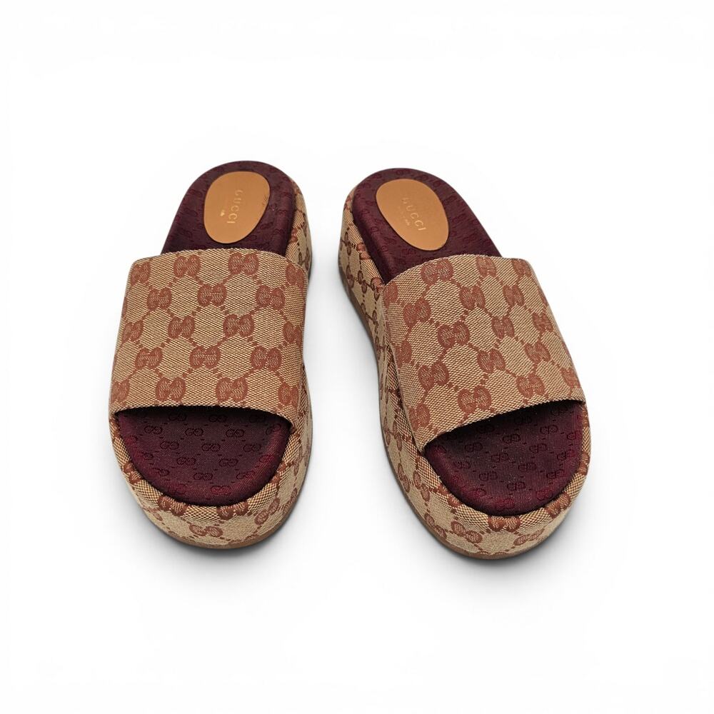 Gucci GG Monogram Angelina Platform Chunky Slide Sandal Size 37 US 7 Brown Beige